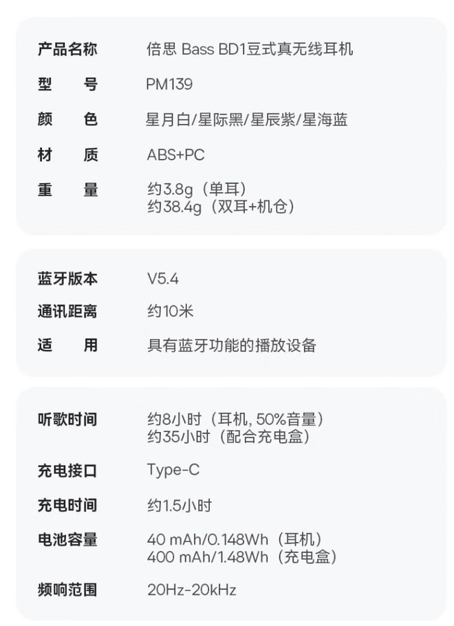 S 蓝牙耳机：35 小时续航109 元龙8手机登录入口倍思推出 BD1 TW(图4)